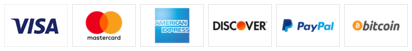 Visa, Mastercard, American Express, Discover, Paypal, and Bitcoin logos.